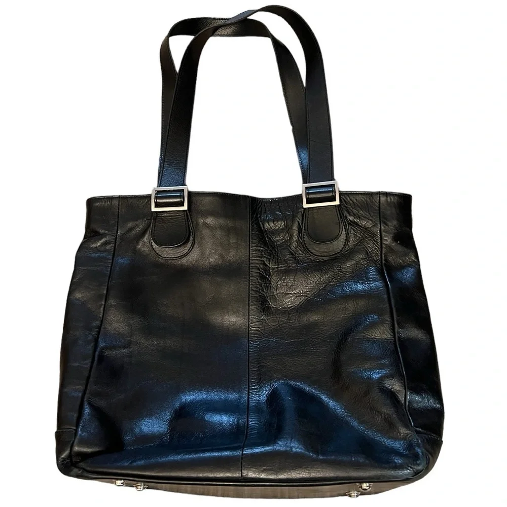 PLY New York Black & Brown 2 Tone Leather Tote Bag with Pocket & Striped Lining